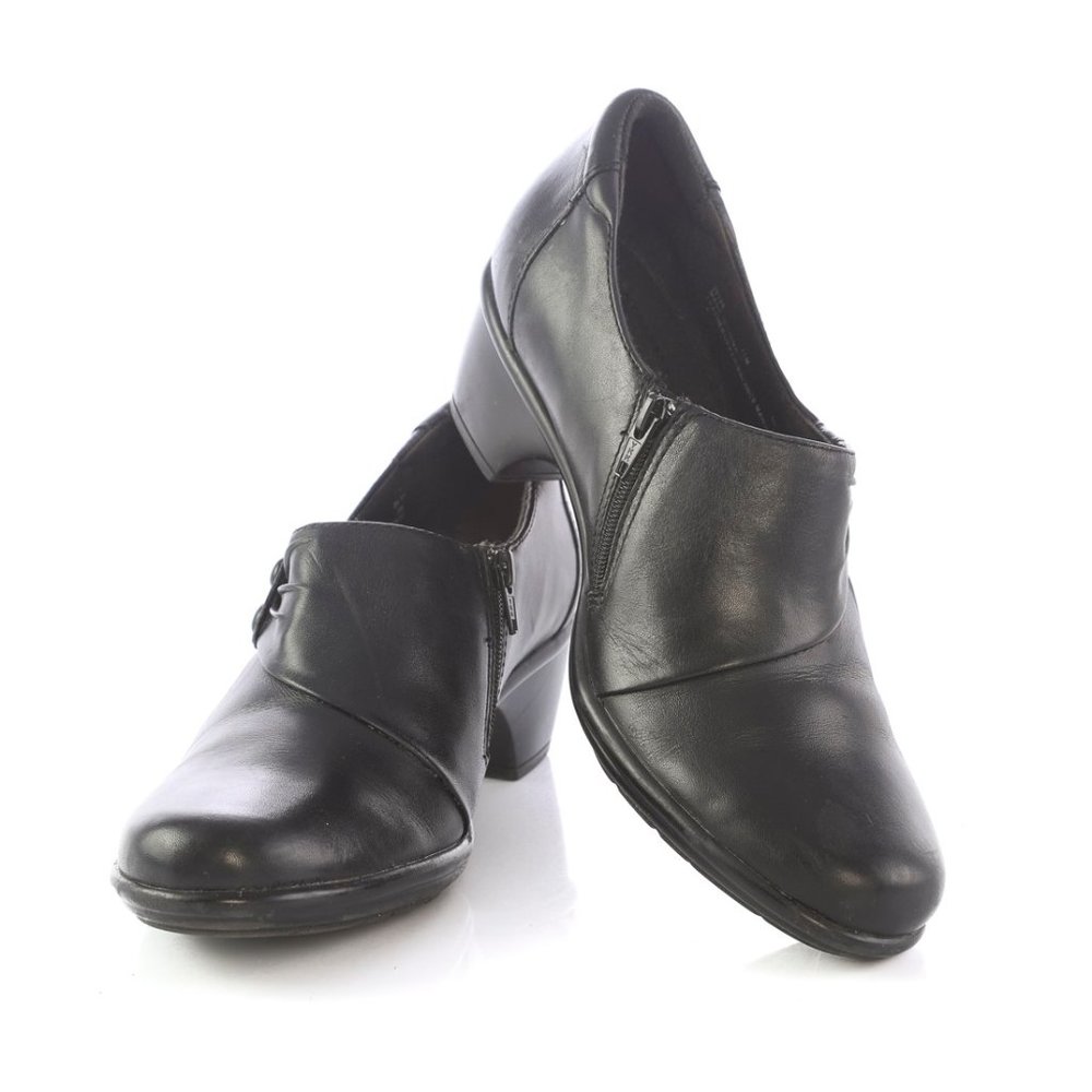 Clarks Black Leather Ankle Booties Shoes Side Zip